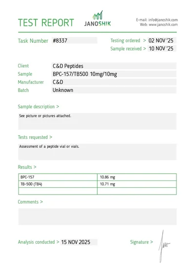 BPC-157 + TB-500 10+10mg laboratorinio tyrimo sertifikatas (COA)